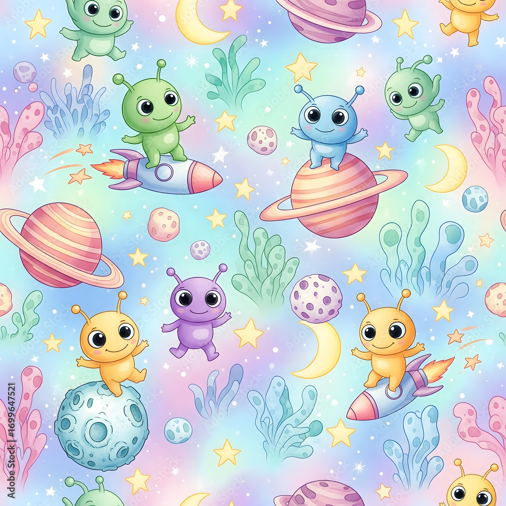 Obraz premium Planet Hopper Pals – Cute Alien Seamless Pattern 