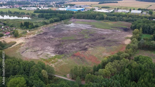 The drained Rosnička pond in Svitavy. Drone view of the revitalization process. Czech Republic
