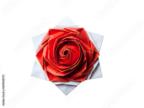 Vibrant Red Origami Rose on White Paper Star with Transparent Background Intricate Paper Folding Art Decorative Floral Design Detailed Handmade Craft