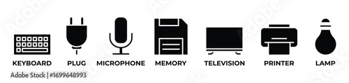 Tech Entertainment Hub Icons set vector illustration glyph with PC, PROJECTOR, JOYSTICK, WEBCAM, TOWER, RADIO, EARPHONE