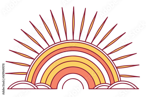 Stylized Sun and Rainbow with Clouds on White Background weather