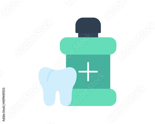 Dental care concept with a flat icon of mouthwash and a tooth, symbolizing oral hygiene and fresh breath