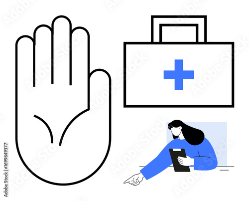 Hand gesture beside a medical case with a cross and a woman pointing while holding a clipboard. Ideal for healthcare, aid, consultation, first aid, support, teamwork, simple landing page