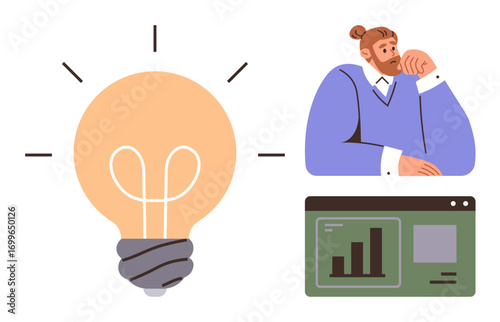Man in blue sweater contemplating next to data chart and glowing lightbulb. Ideal for creativity, problem-solving, data analysis, innovation, business strategies, brainstorming, productivity simple
