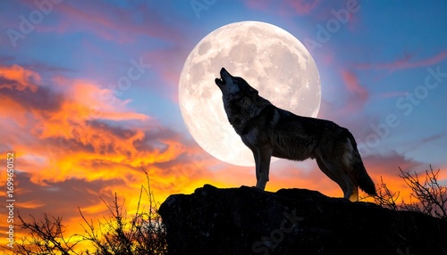 Wild Wolf Howling at Full Moon on Cliff, Vibrant Sunset