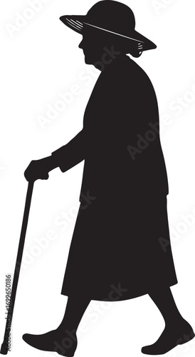 Silhouette of an elderly woman walking with a cane and wearing a hat