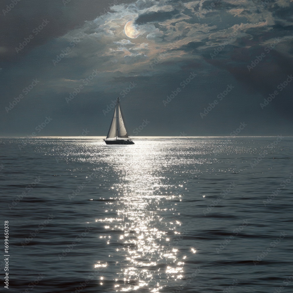 Obraz premium Tranquil Evening Sail on a Calm Ocean Under Moonlit Sky