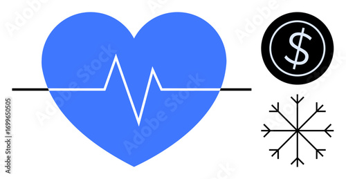 Blue heart with a pulse line, black dollar coin, and snowflake symbol. Ideal for finance, healthcare, efficiency, wellness, savings balance and health monitoring concepts. Simple flat metaphor