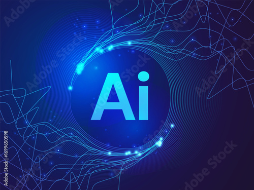 Artificial intelligence with letter AI in Abstract wavy Moving network lines Analysis around the center and light blue effect on dark blue background vector design concept for advance technology, web.