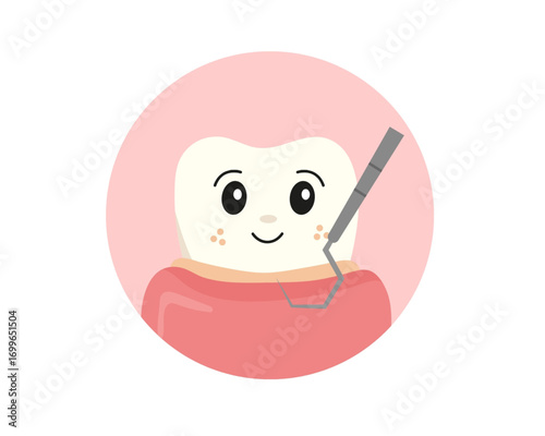 Cute cartoon tooth character undergoing a professional dental checkup with a periodontal probe to examine gum health and prevent disease