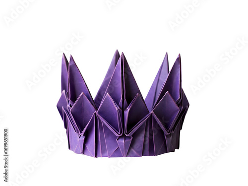 Isolated Origami Crown Crafted from Purple Paper on Black Background Detailed Handmade Crown with Geometric Shapes Paper Folding Art for Decoration