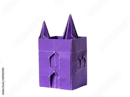 Purple Origami Castle Tower Structure Against Black Background and Isolated Transparency With Two Pointed Spires and Rectangular Body and Paper Craft