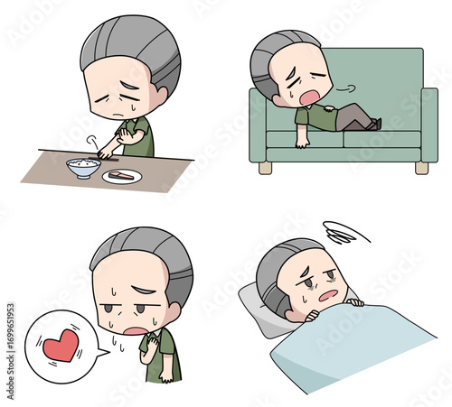 うつ病の身体的症状のイラスト4種類セット・高齢男性