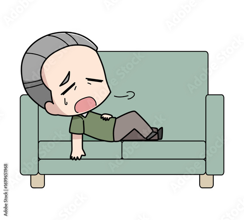 疲れてソファに横になる高齢男性のイラスト