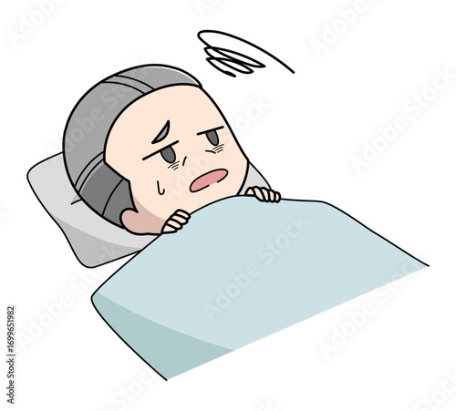 布団に入っても眠れない高齢男性のイラスト