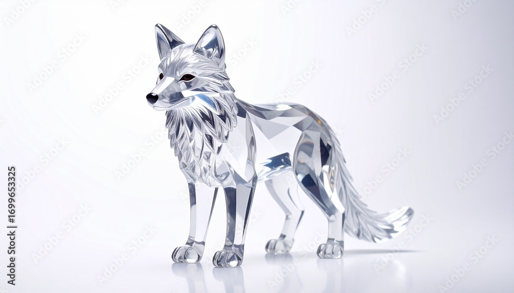 Fototapeta premium Render a clear faceted crystal fox figurine in standing pose with head turned slightly, isolated on white background, emphasizing elegance, craftsmanship, and lifelike animal-inspired design.