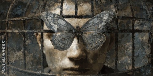 Thought Prison. Graphic Abstract Background Depicting Emotional Trapped Butterfly