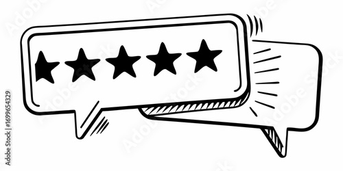 Doodle style illustration of two speech bubbles with five stars inside a review comment box icon