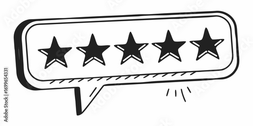 Five stars in a speech bubble with a thick outline and small lines underneath the speech bubble