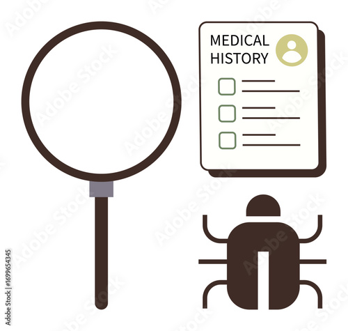 Magnifying glass beside medical history chart and bug, emphasizing research, diagnosis, and problem-solving. Ideal for healthcare, cybersecurity, investigation, inspection, science diagnosis simple