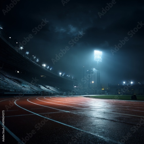 Nighttime Athletic Track with Floodlights and Empty Stadium Seats