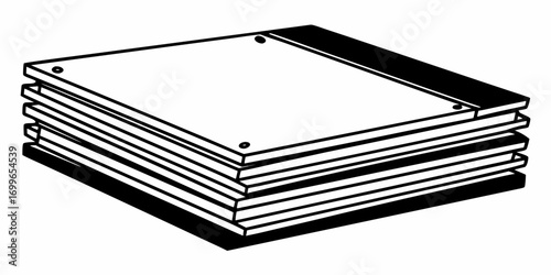 Illustration of a stack of square sheets with visible fasteners and dark separators in between layers