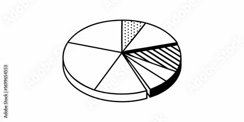 Isometric pie chart with multiple sections and different patterns in black and white color scheme