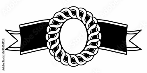 Illustration of a black ribbon with decorative ends and an oval rope frame in the center space