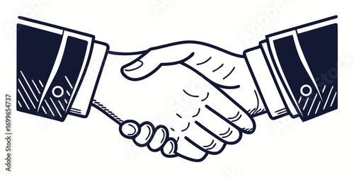 Illustration of two hands in a handshake with suits showing business agreement and partnership deal done
