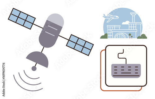 Satellite transmitting signals, airport terminal with airplane, and digital chipboard. Ideal for technology, communication, aerospace, navigation, transportation, innovation data transmission