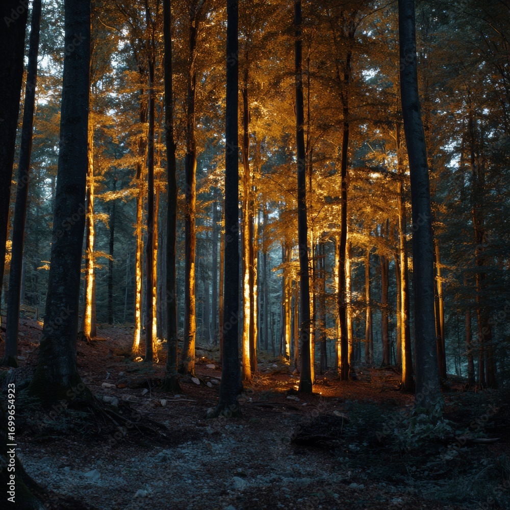 Naklejka premium Enchanted Forest with Golden Light Streaming through Tall Trees