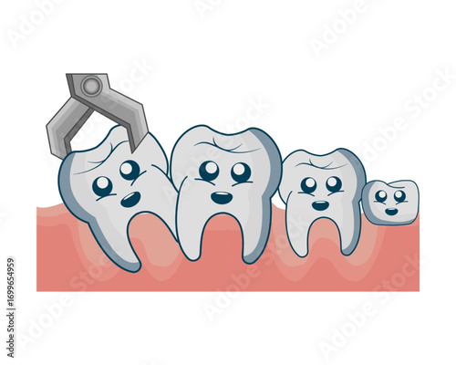 Cute kawaii teeth characters in gums with one undergoing a dental extraction, a vector illustration for pediatric dentistry and oral health