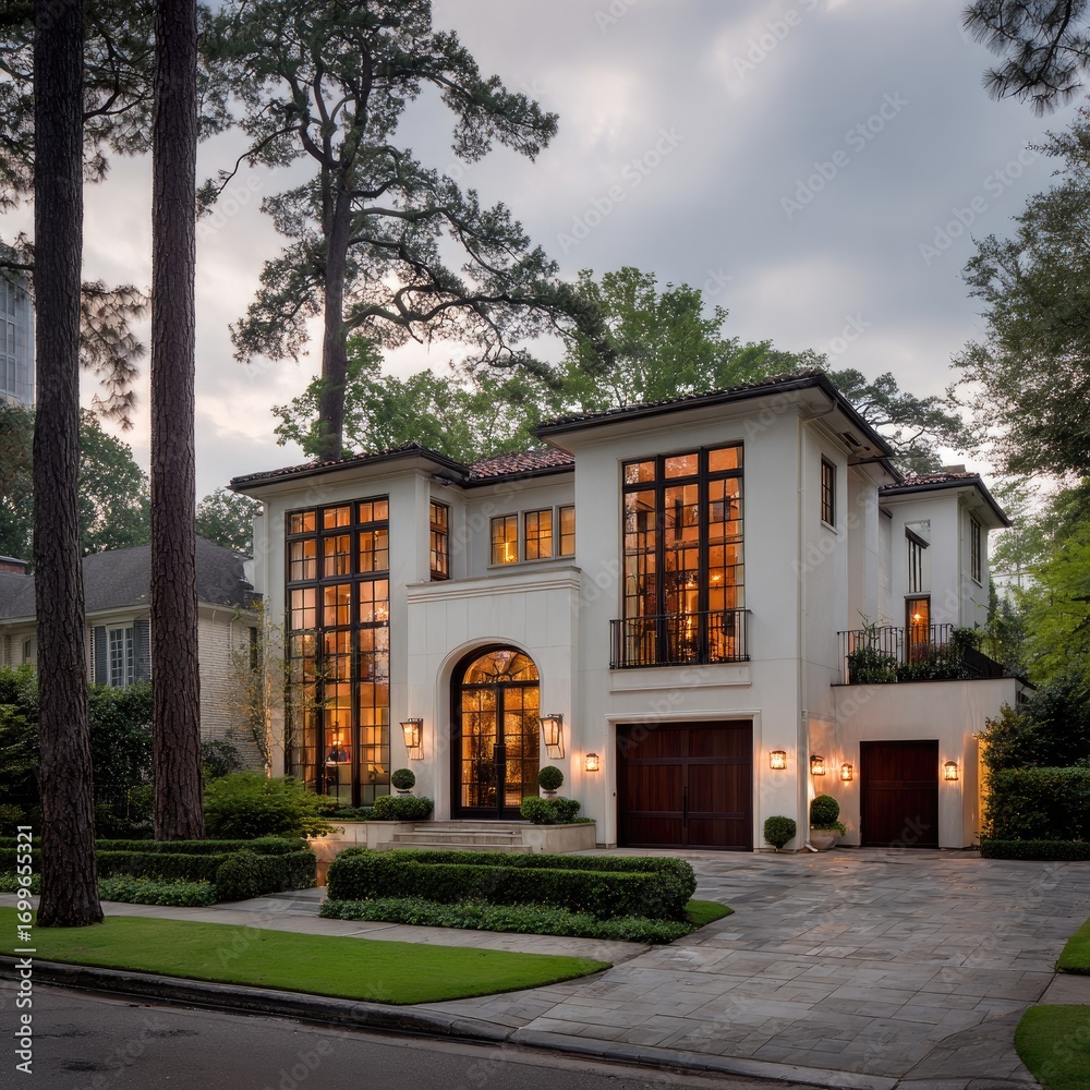 Obraz premium A beautiful, modern, Mediterranean-style home, featuring large windows, an arched entryway, and elegant landscaping, bathed in the soft light of twilight.
