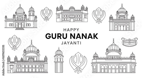 Line Art Illustrations of Hindu Temples and Symbols for Guru Nanak Jayanti Celebrations