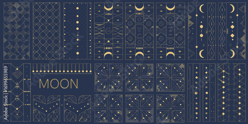 Collection of celestial and geometric patterns featuring moons stars and diamonds on a deep blue background