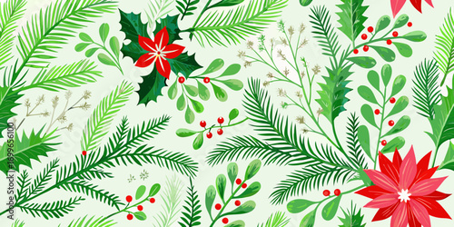 Festive christmas floral seamless pattern with holly berries pine branches and poinsettia flowers