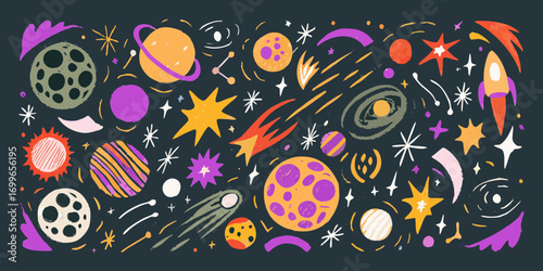 Whimsical hand drawn space scene with planets stars rockets and comets on dark background
