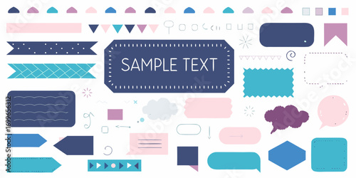 Collection of hand drawn decorative elements and speech bubbles in pastel colors for design