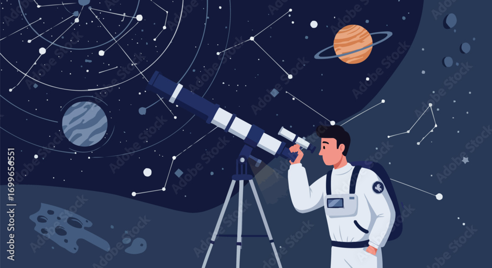Obraz premium Astronomer Looking Through Telescope at Starry Night Sky