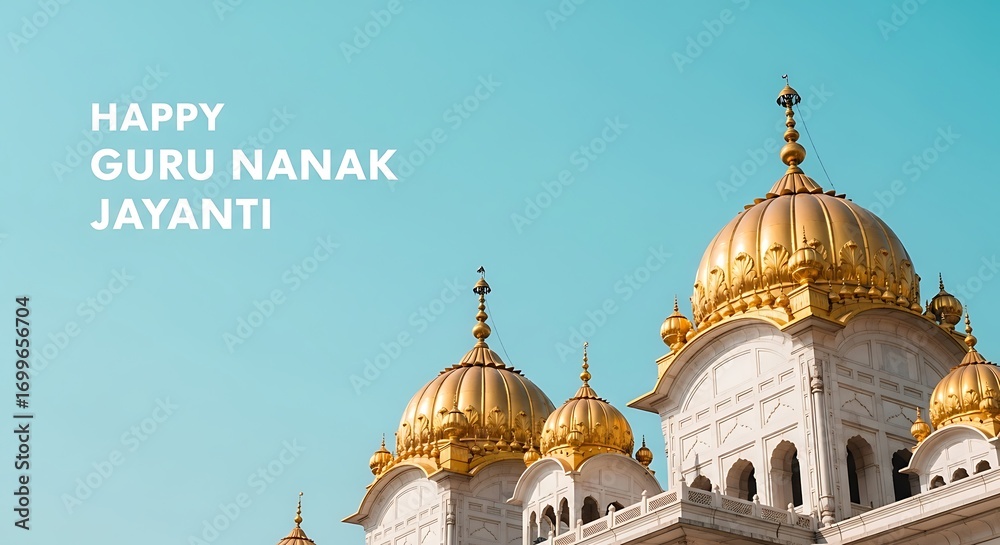 Fototapeta premium Golden Domed Sikh Temple with Clear Blue Sky Celebrating Guru Nanak Jayanti