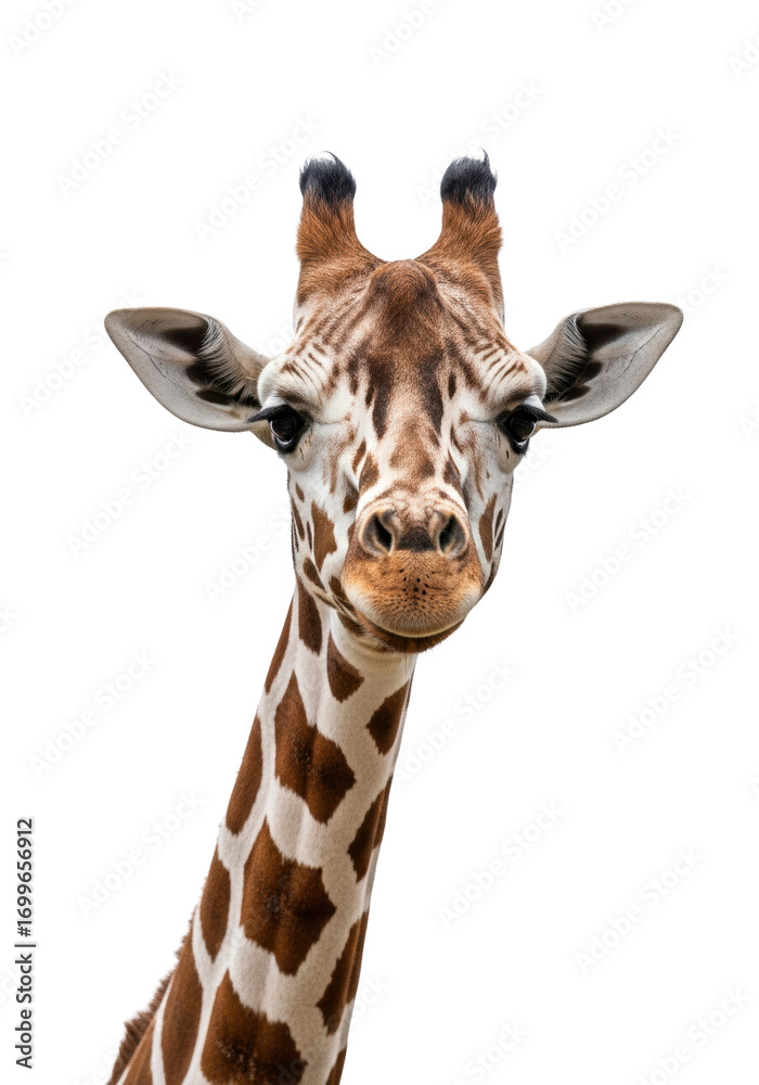Fototapeta premium Young reticulated giraffe close-up head, intricate brown/cream spots, gentle curious gaze, soft studio lighting on transparent background, majestic animal portrait