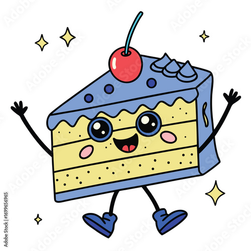 Joyful cartoon cake character with cherry on top dances enthusiastically, spreading happiness and sweet delight with sparkling stars