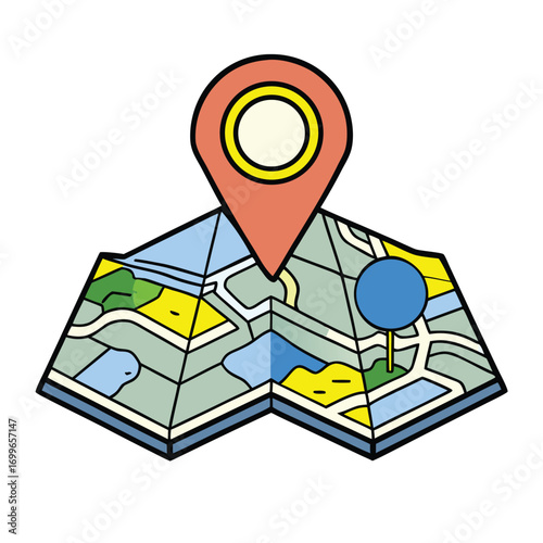 Discover your next adventure with this vibrant, stylized map and pinpoint location marker, perfect for travel planning and navigation inspiration.