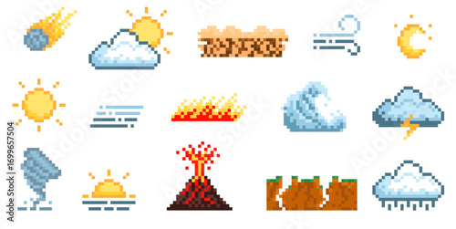 Pixel cataclysm and weather conditions icons. 8 bit retro elements, vintage video game, app, web assets, thunderstorm, wind, fires and drought, sun and moon qualitative vector isolated set