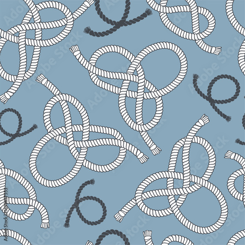 Navy rope seamless pattern. Curved nautical loops and knots, repeated marine cable elements, tassels at ends. Textile, wrapping paper, wallpaper. Print for fabric splendid vector background