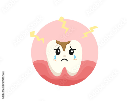 Cartoon Tooth with Cavity Crying in Pain, Dental Health Illustration