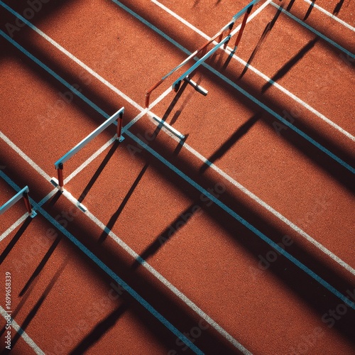 Aerial View of Running Track with Hurdles and Shadows on Surface