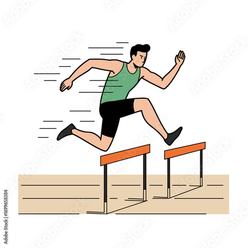 Athlete in green uniform leaping hurdle