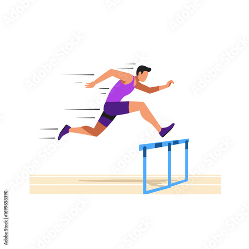 Athlete in purple outfit jumping hurdle