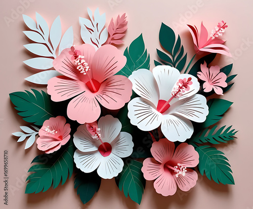Pink Floral Paper Craft with Leaves Decoration